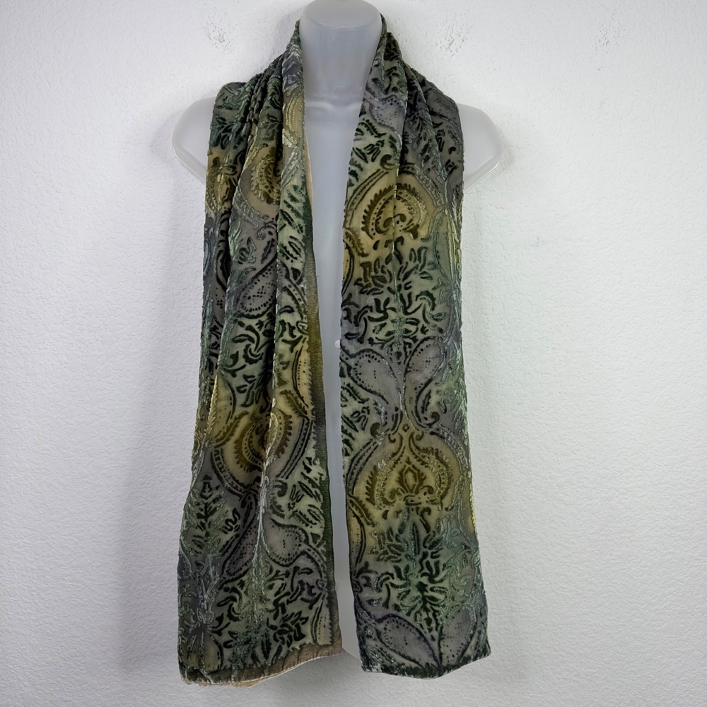 Lord & Taylor Scarf Womens OS Green Gold Silk Paisley Burnout Velvet Luxury